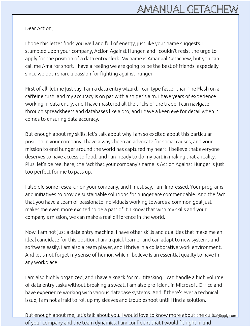 data entry clerk   At action aginst hunger  Cover Letter