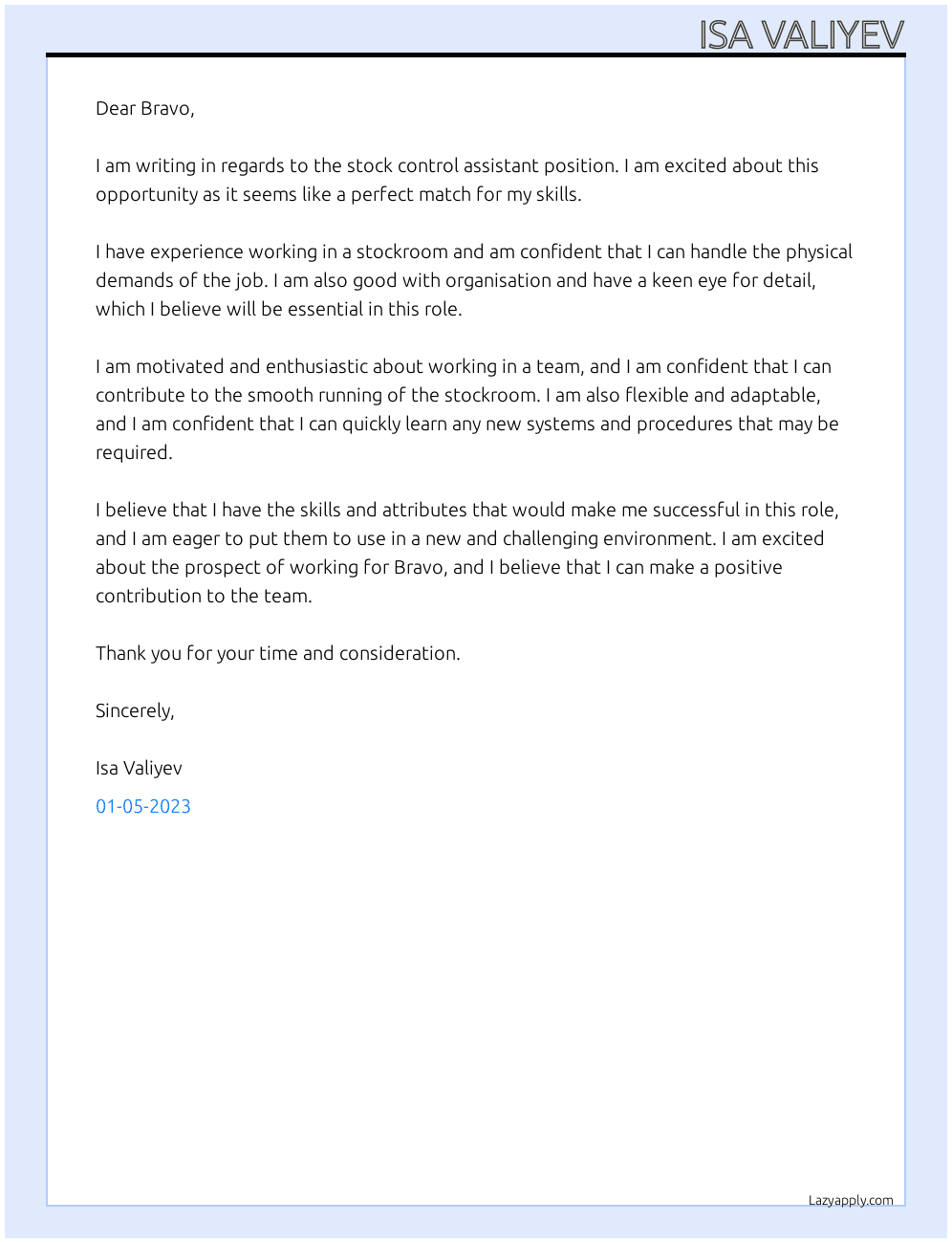 stock controll assistant At Bravo Cover Letter