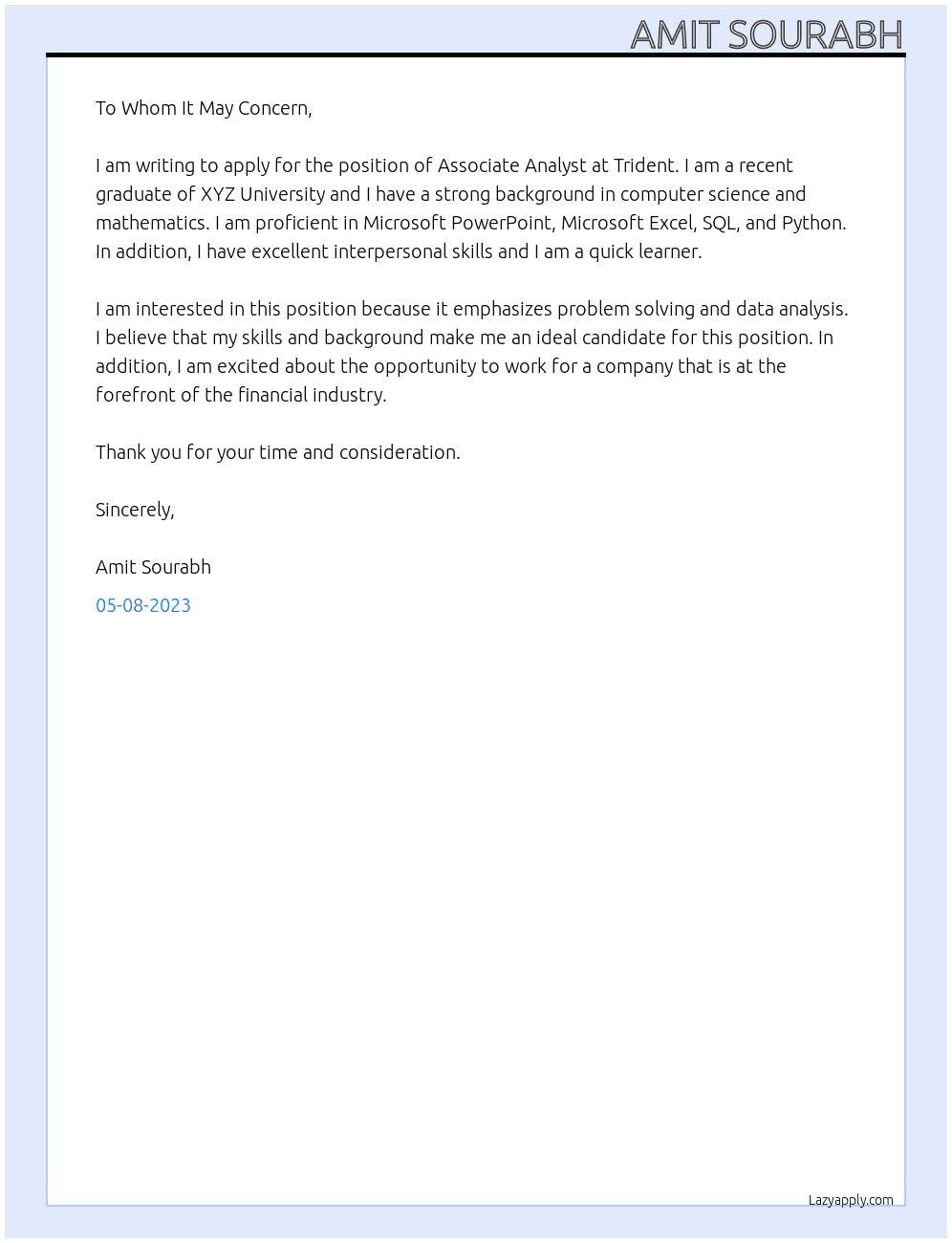 Associate Analyst At Trident Cover Letter