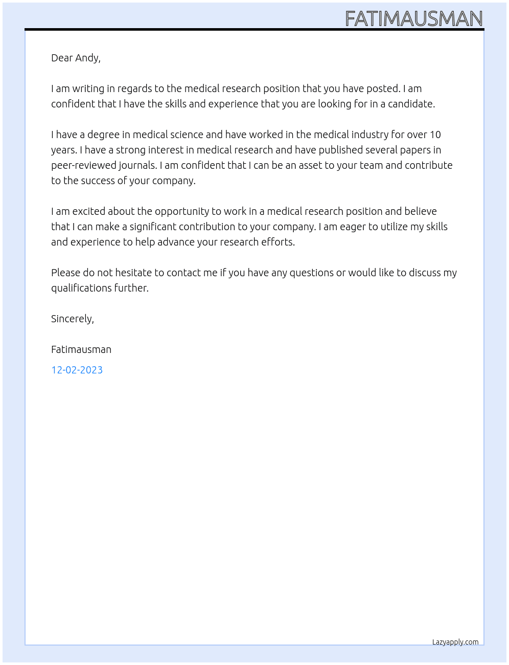 Medical researches At Medical industry Cover Letter