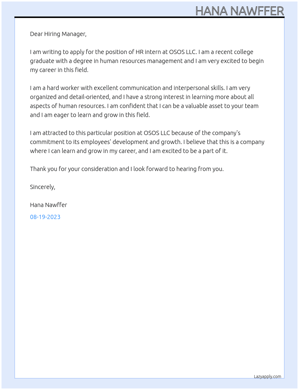 HR intern At OSOS LLC Cover Letter