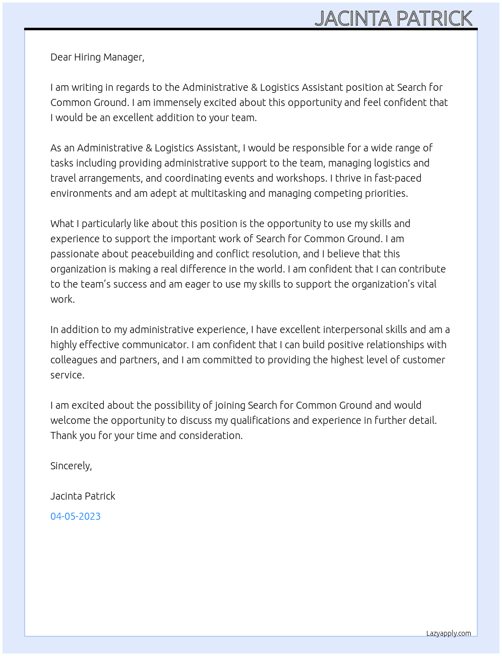Administrative & Logistics Assistant  At Search for Common Ground  Cover Letter