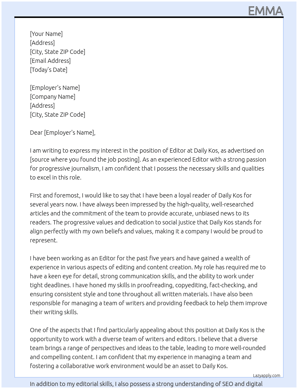 Editor At Daily Kos Cover Letter