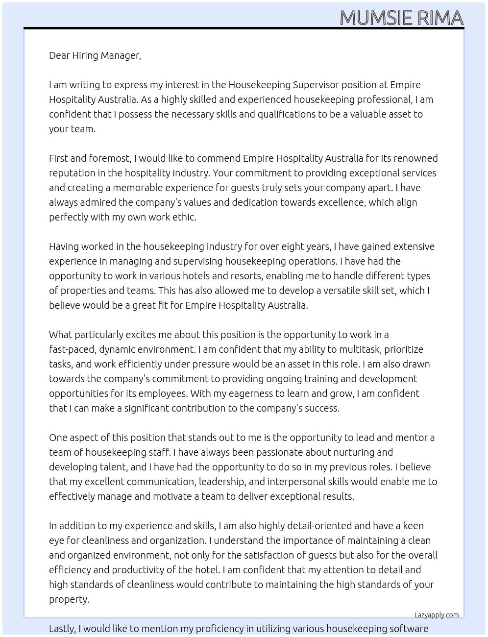 Housekeeping Supervisor  At Empire Hospitality Australia  Cover Letter