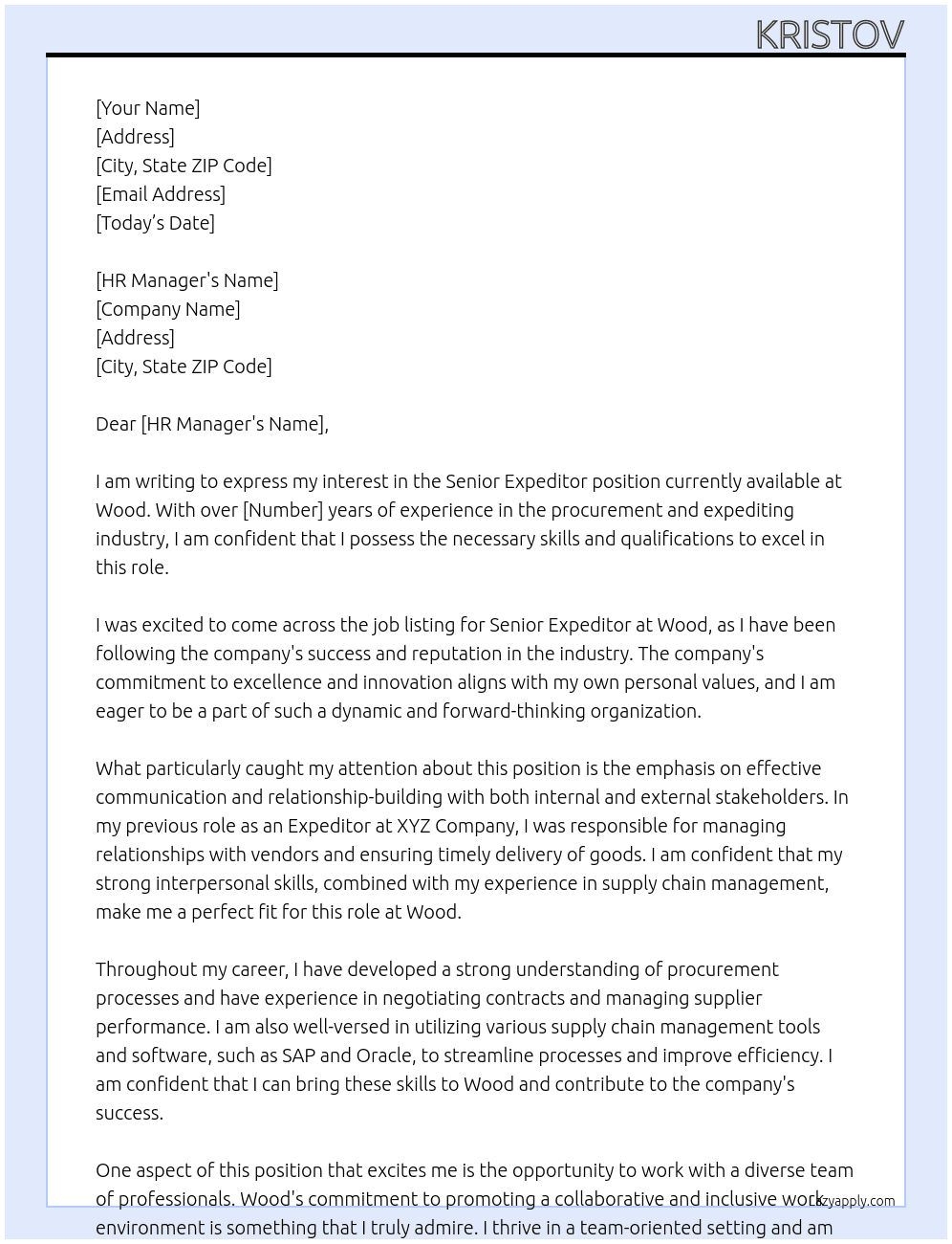Senior Expeditor At Wood Cover Letter
