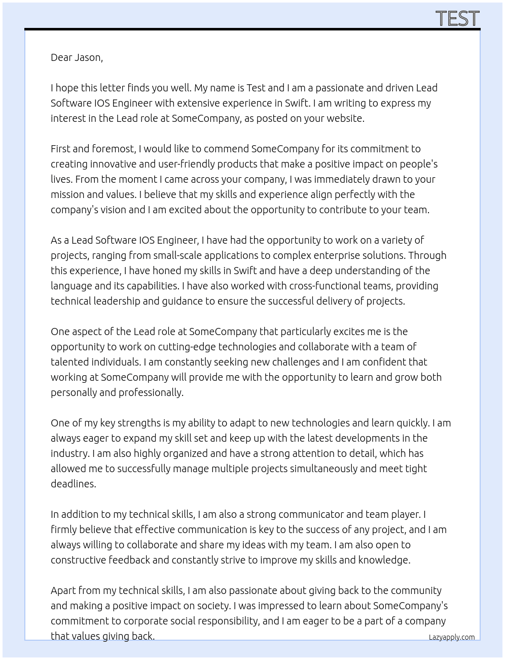 Lead Software IOS Engineer At SomeCompany Cover Letter