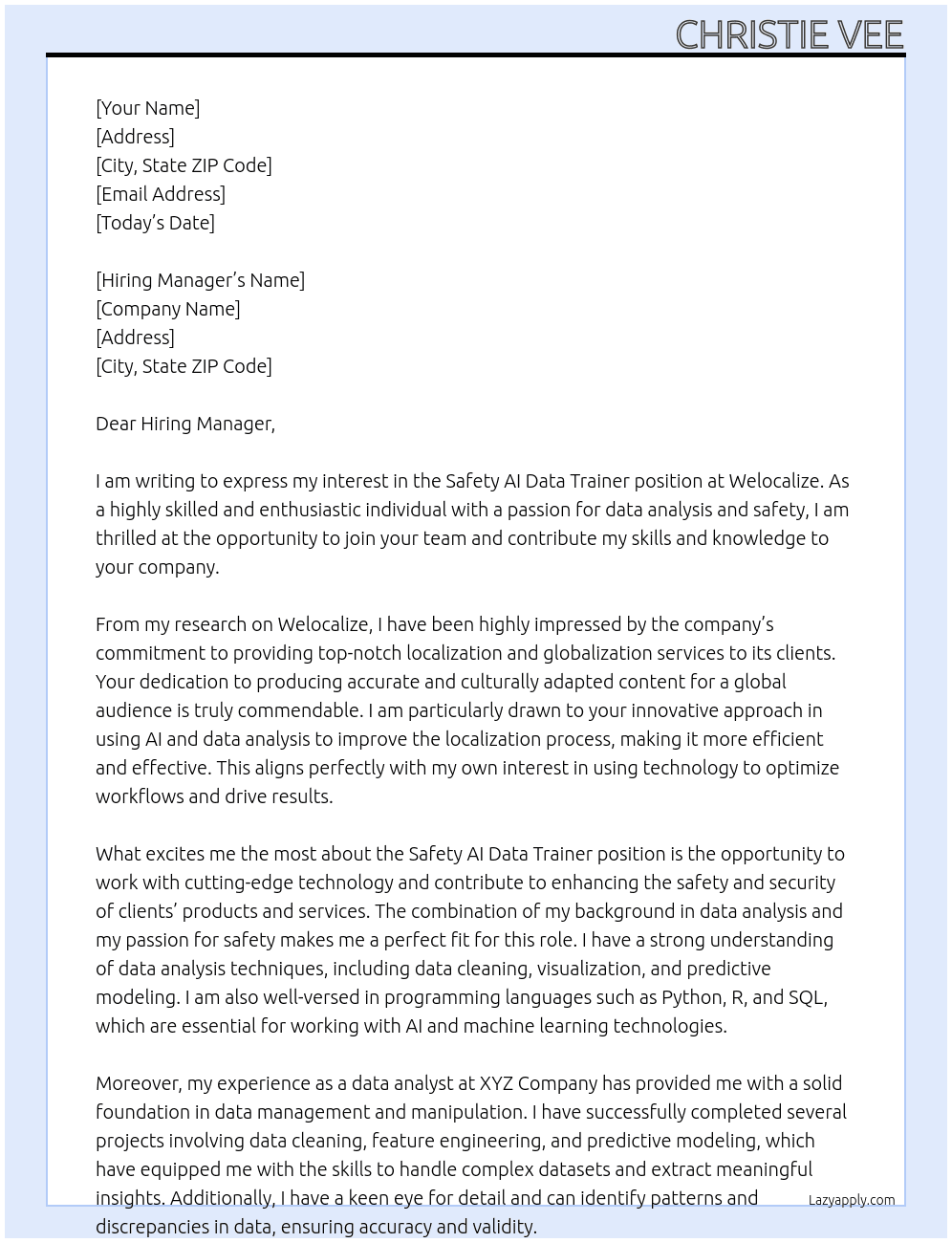 Safety AI Data Trainer At Welocalize Cover Letter