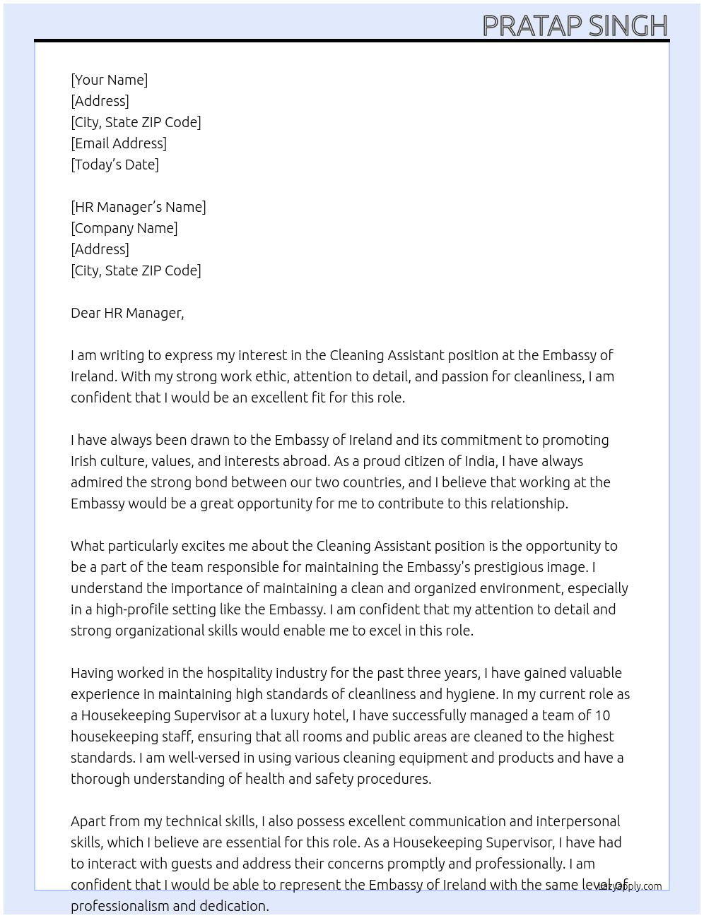 CLEANING ASSISTENT At Embassy of Ireland  Cover Letter