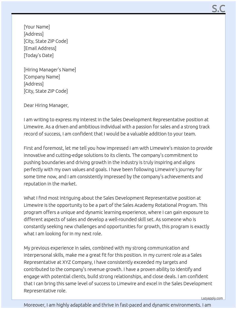 Sales Development Representative At Limewire Cover Letter
