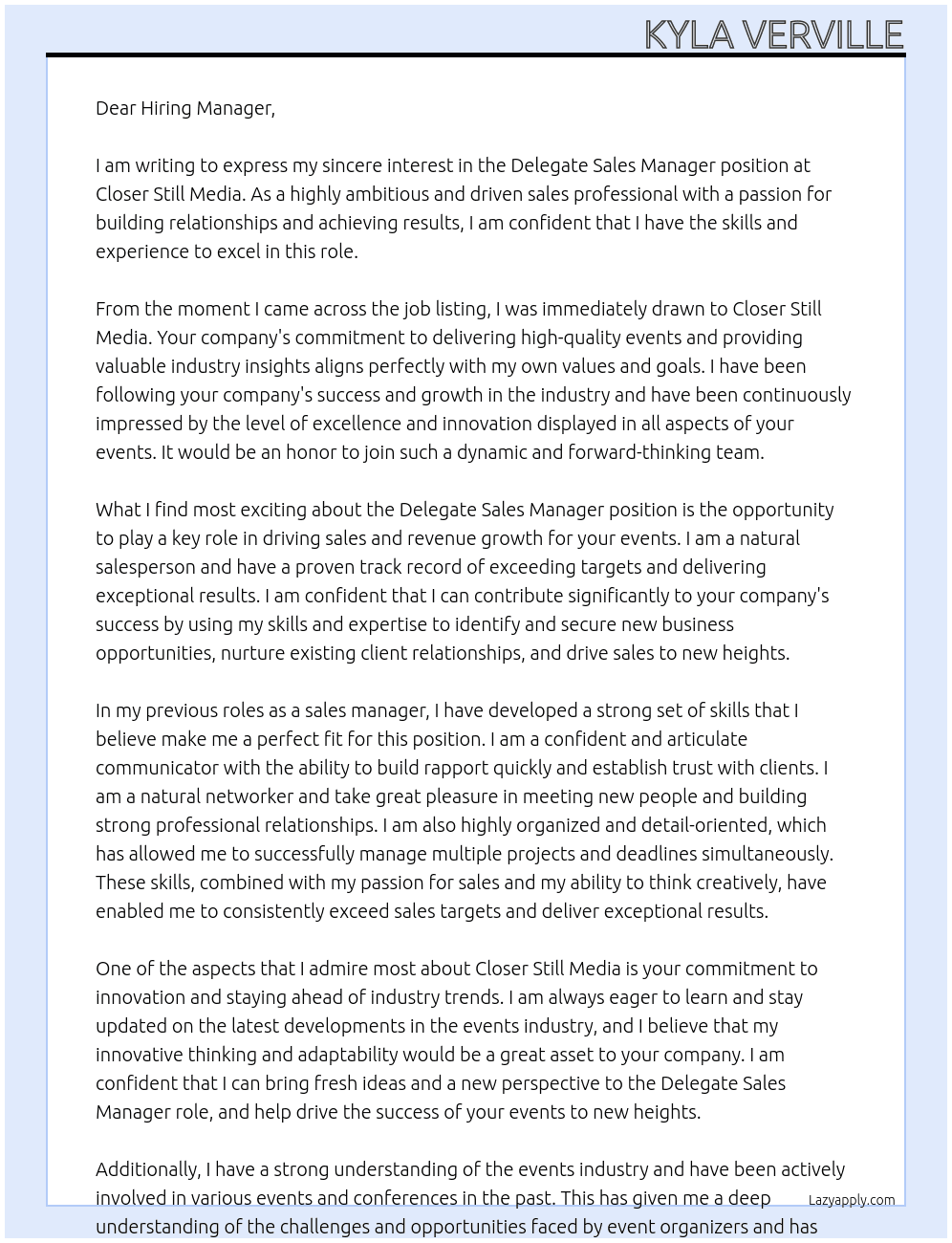 Delegate Sales Manager  At Closer Still Media Cover Letter