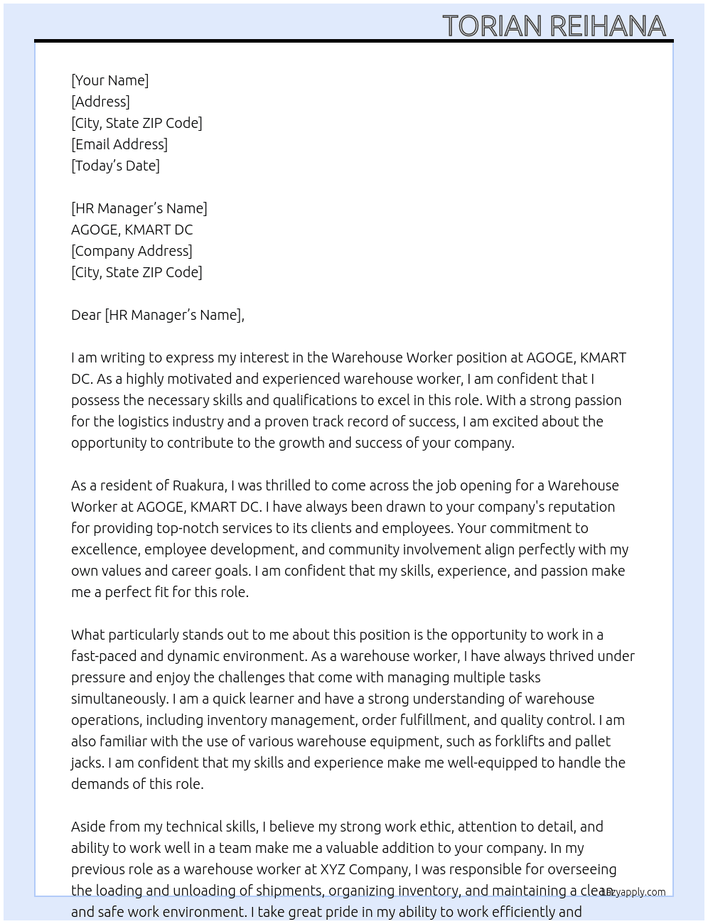 Warehouse Worker At AGOGE, KMART DC Cover Letter