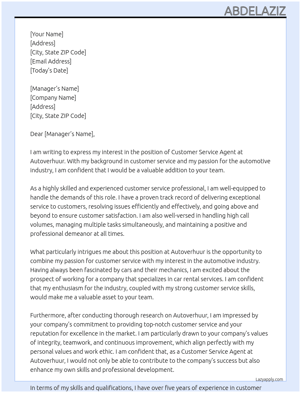 customer service agent At autoverhuur Cover Letter