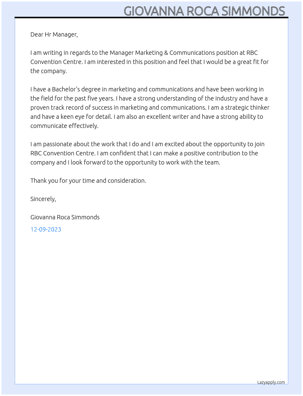 Manager Marketing & Communications  At RBC Convention Centre  Cover Letter