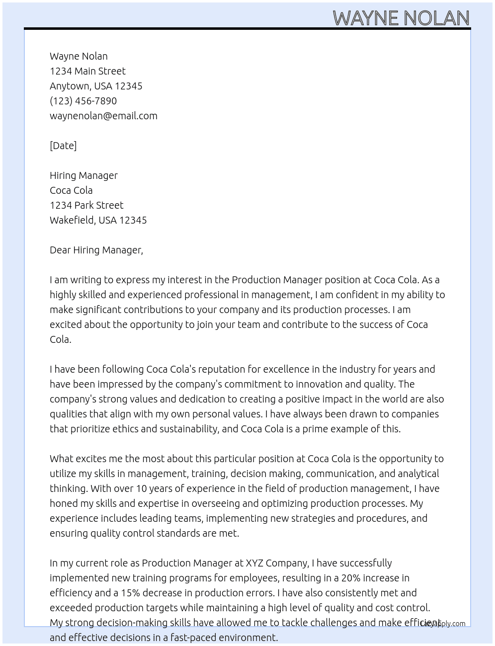 Production Manager  At Coca Cola  Cover Letter