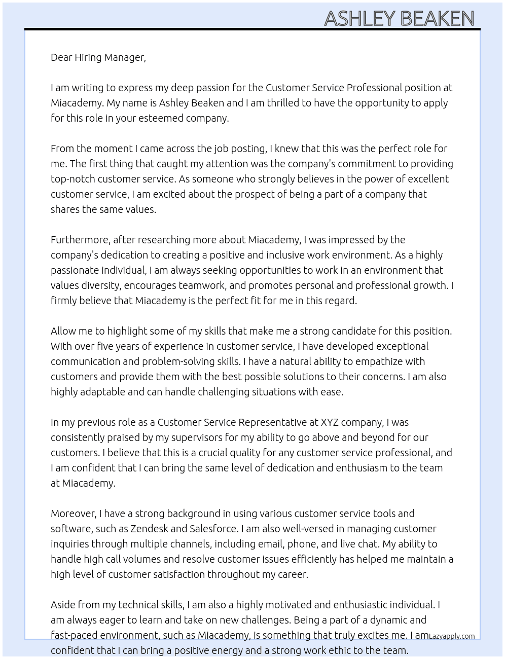 Customer Service Professional  At Miacademy  Cover Letter
