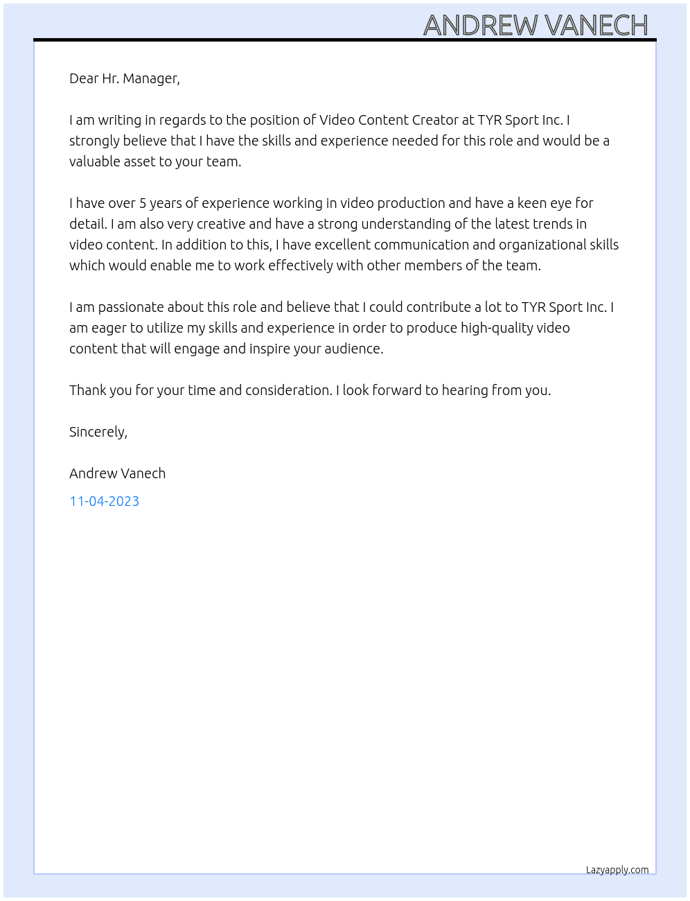 Video Content Creator At TYR Sport Inc Cover Letter