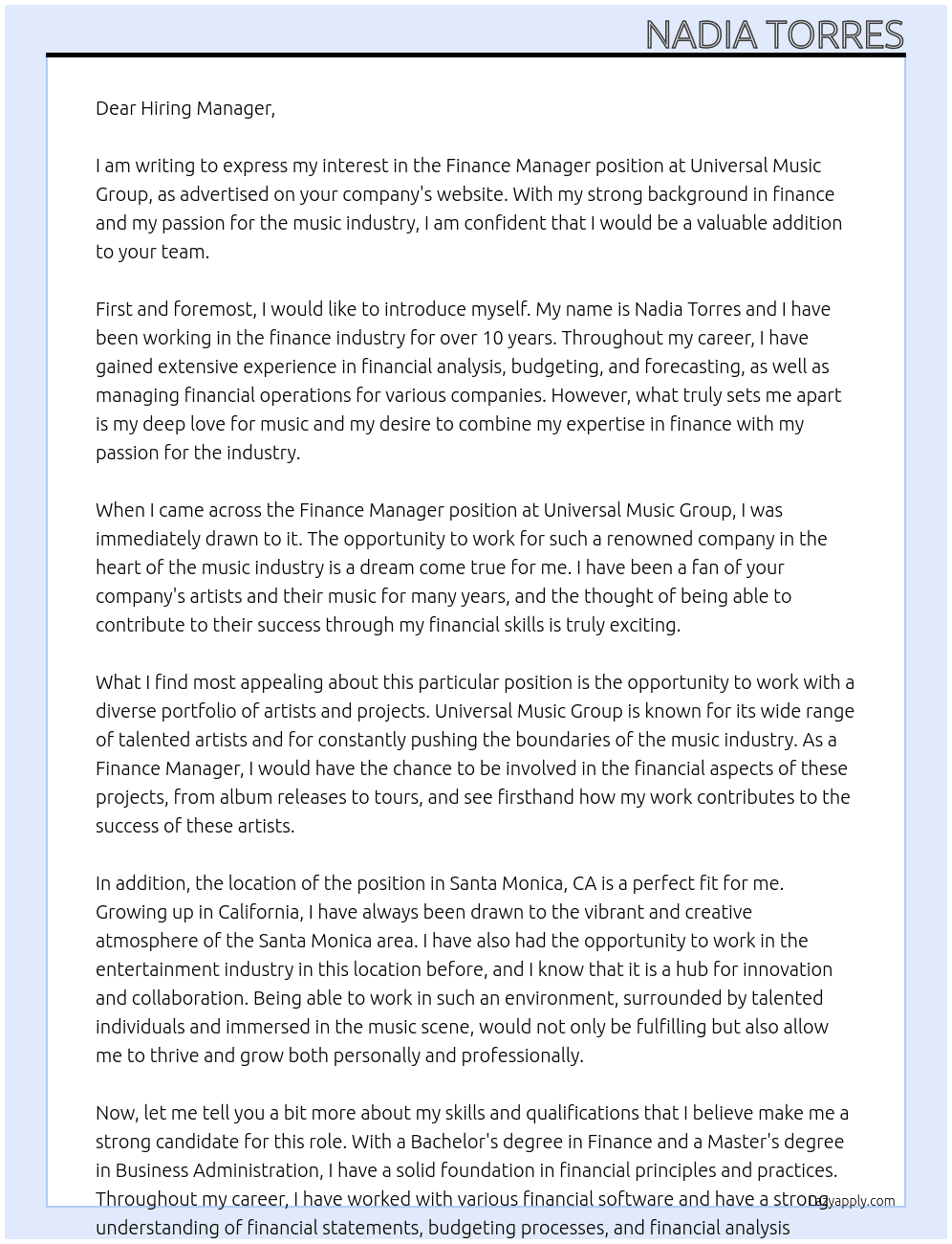 Finance Manager At Universal Music Group Cover Letter