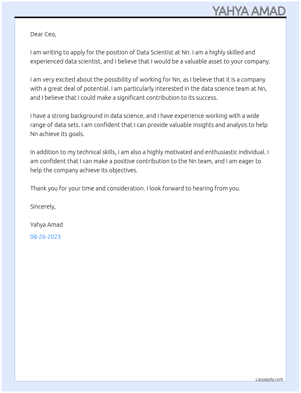 Data scientist  At Nn Cover Letter