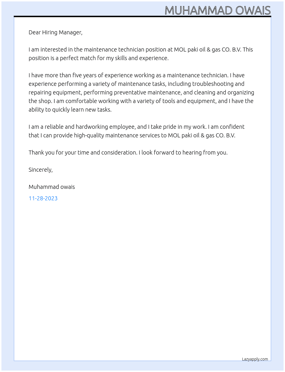 maintenance technician At MOL paki oil & gas CO. B.V Cover Letter