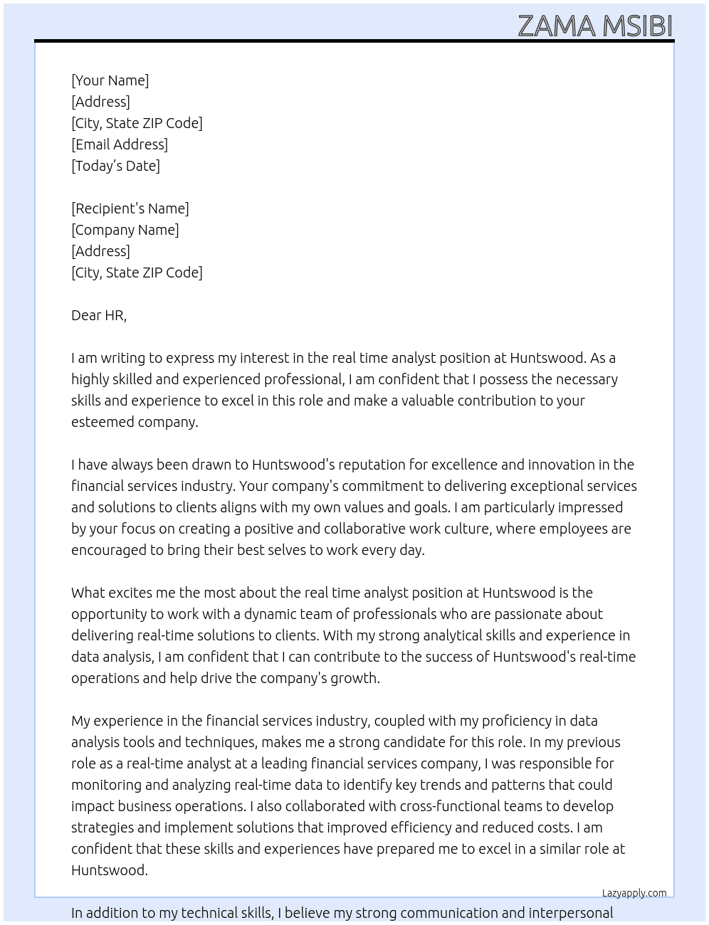 real time analyst At huntswood Cover Letter