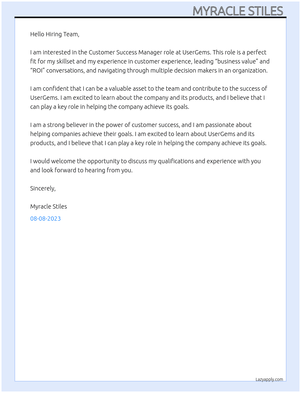 Customer success manager  At UserGems Cover Letter