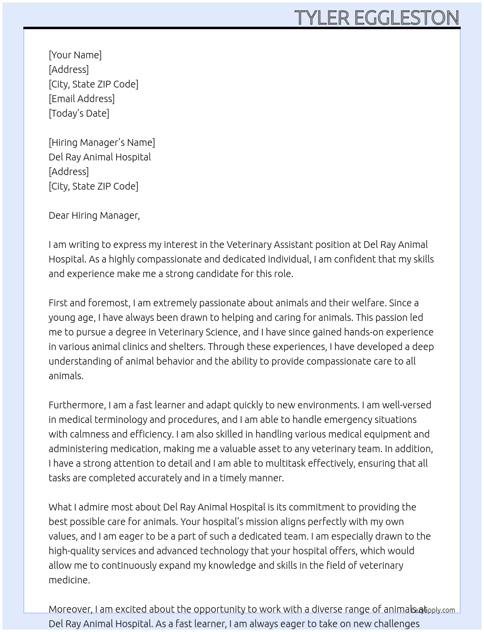 Veterinary Assistant At Del Ray Animal Hospital Cover Letter
