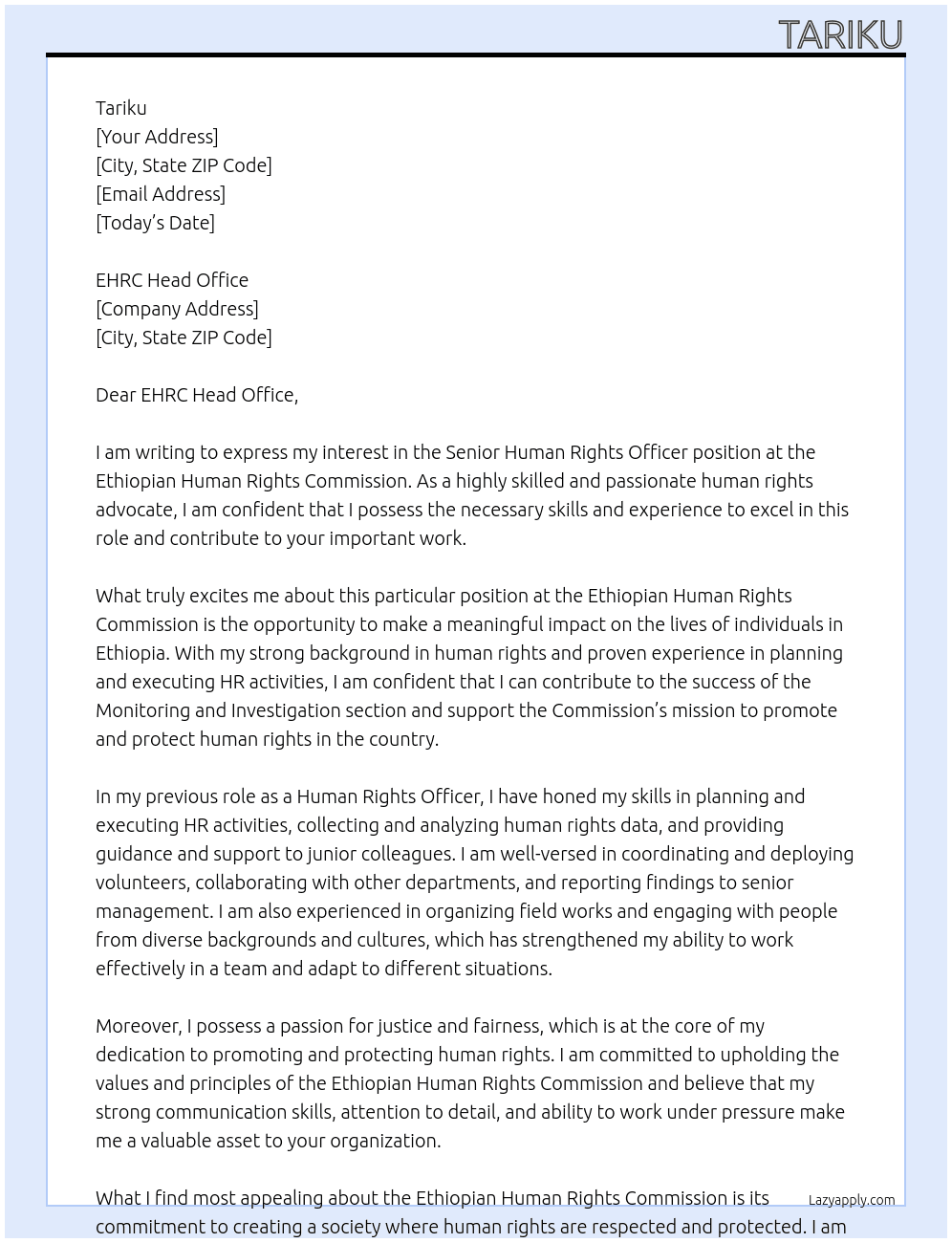 Senior Human Right Officer At Ethiopian Human Rights Commission Cover Letter