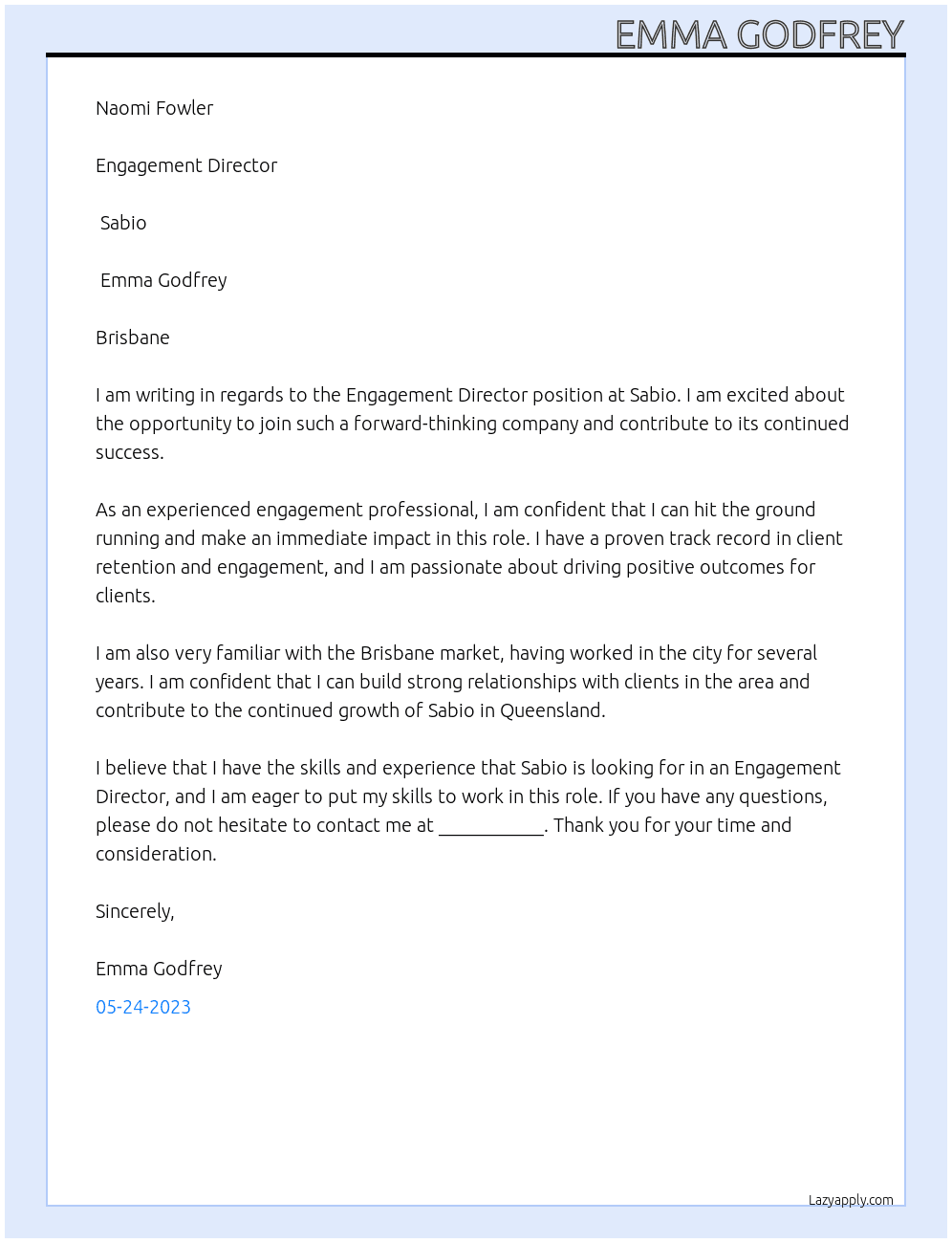 Engagement Director At Sabio Cover Letter