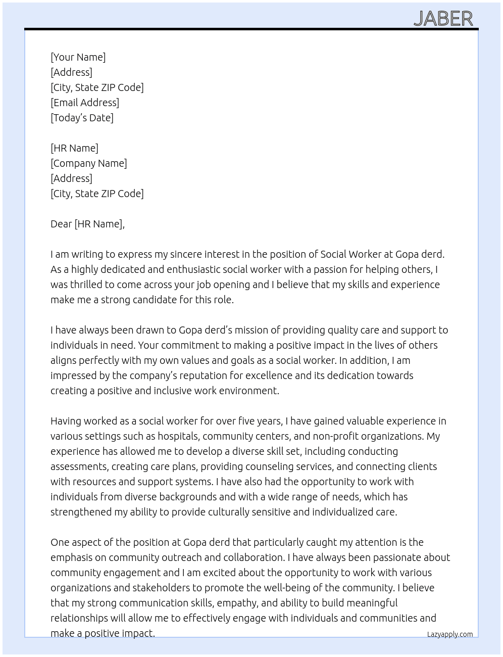 Social worker  At Gopa derd  Cover Letter