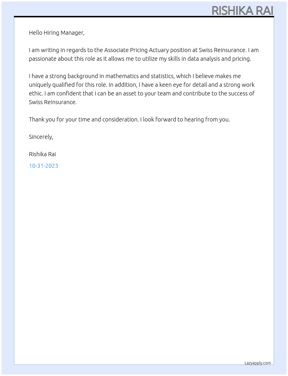 Associate Pricing Actuary At Swiss Reinsurance Cover Letter