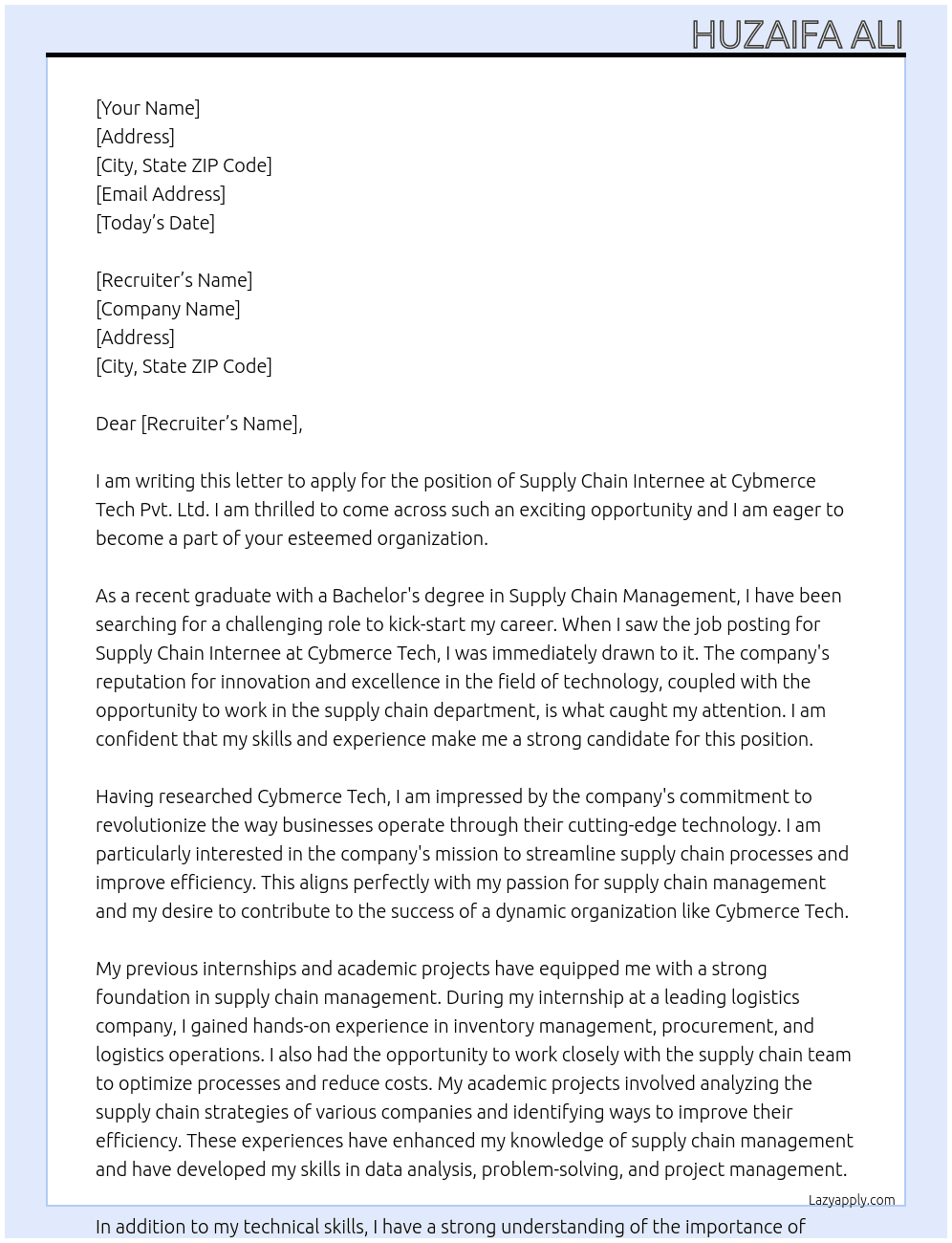 Supply chain Internee At Cybmerce Tech pvt ltd Cover Letter