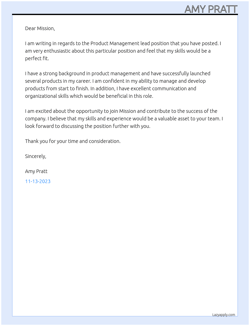 Product Management lead  At Mission  Cover Letter