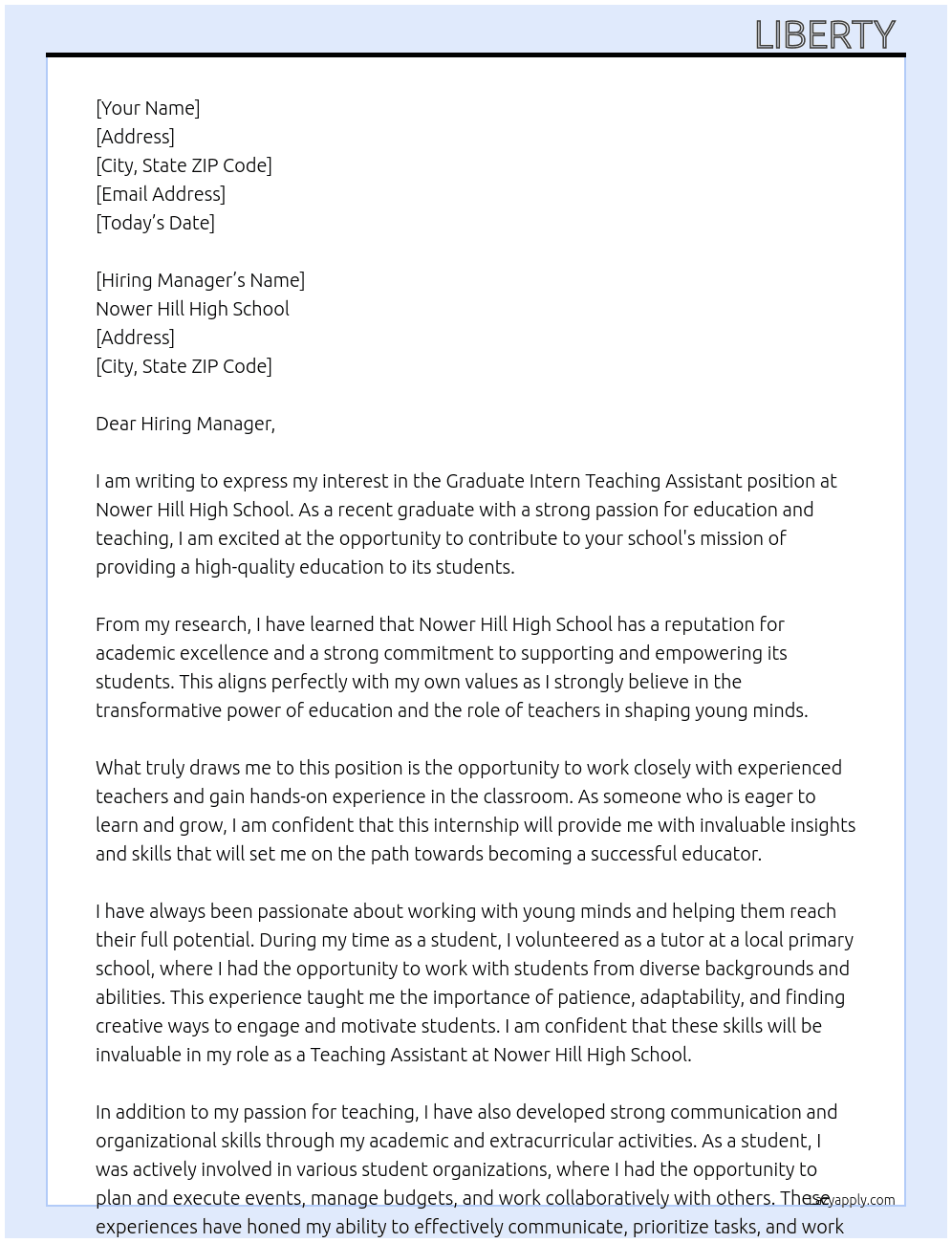 Graduate Intern Teaching Assistant At Nower Hill High School Cover Letter