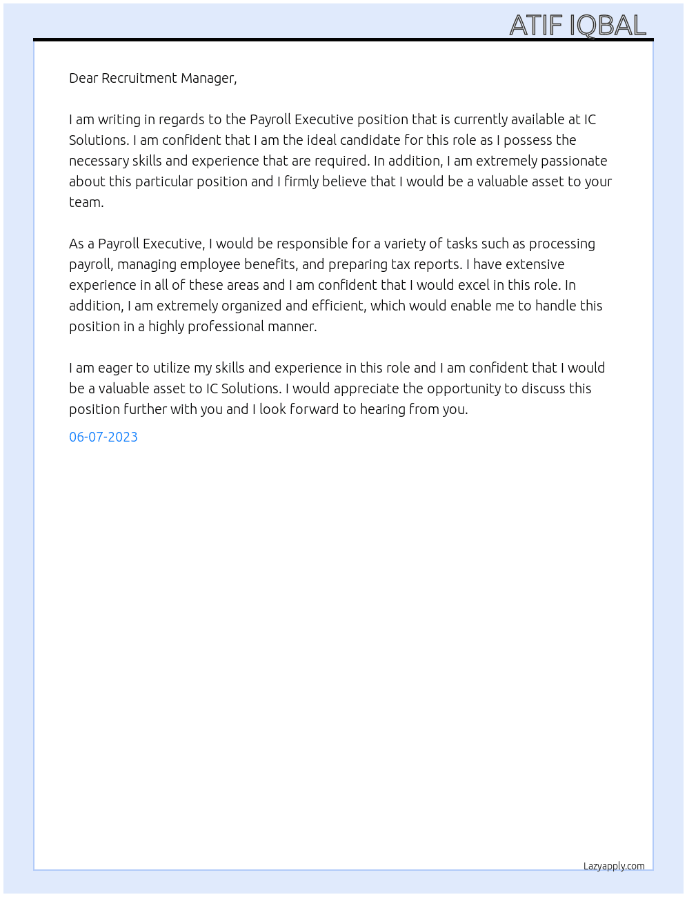 Payroll Executive  At IC Solutions  Cover Letter