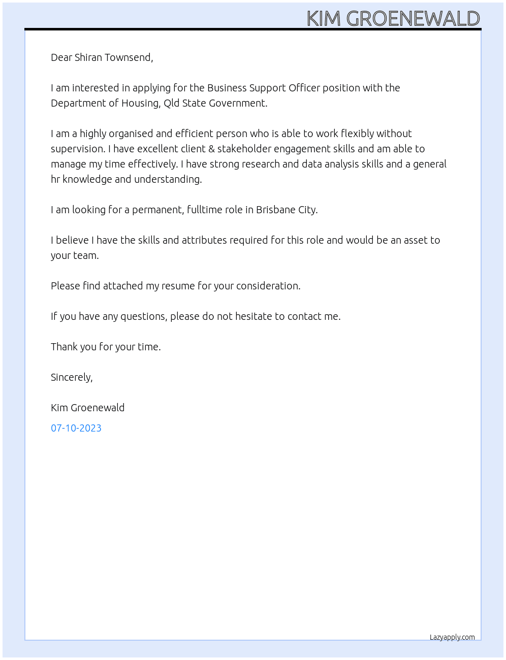 Business Support Officer At Department of Housing, Qld State Government Cover Letter