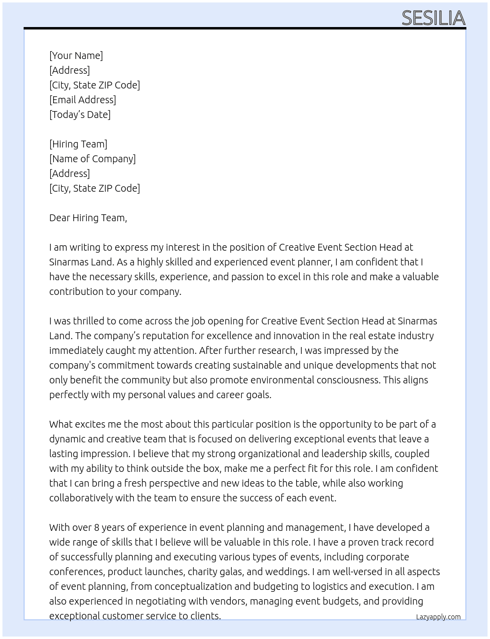 Creative Event Section Head At Sinarmas Land Cover Letter