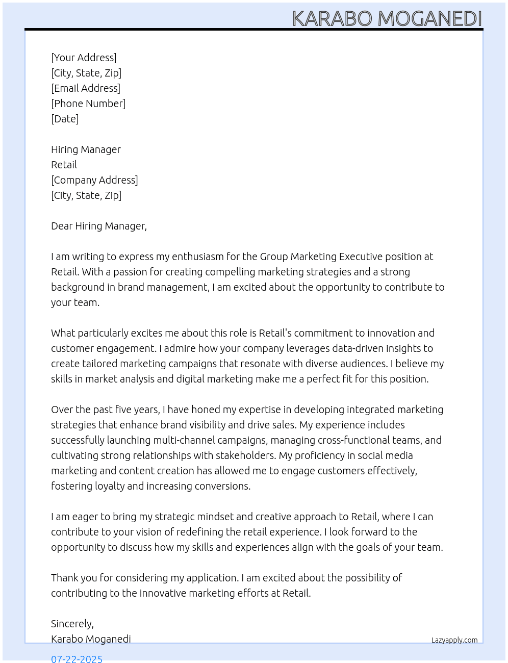 group markieting executive At retail  Cover Letter