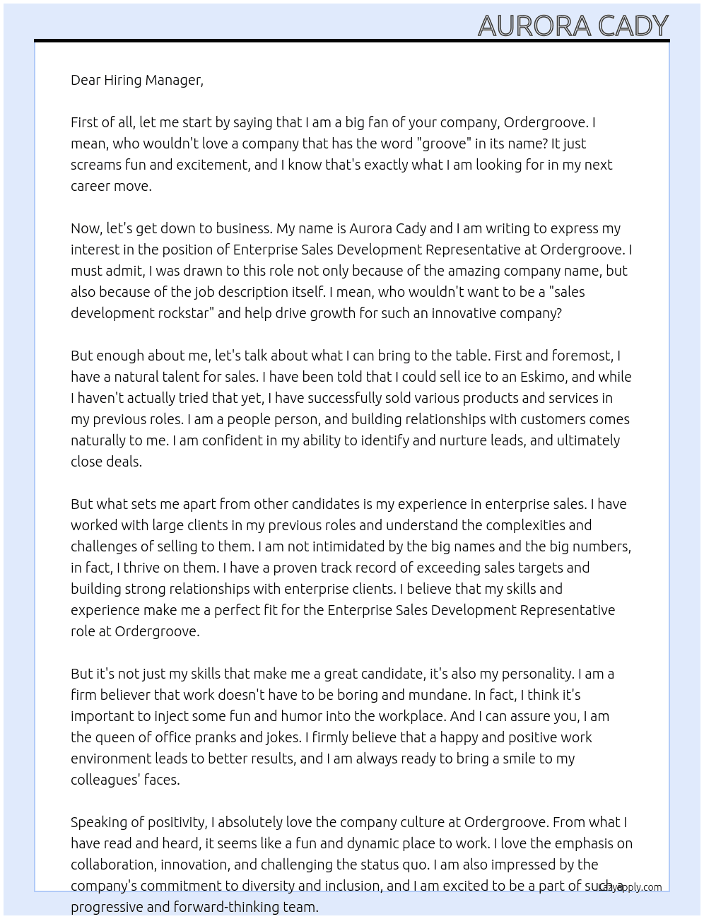 Enterprise Sales Development Representative At Ordergroove Cover Letter