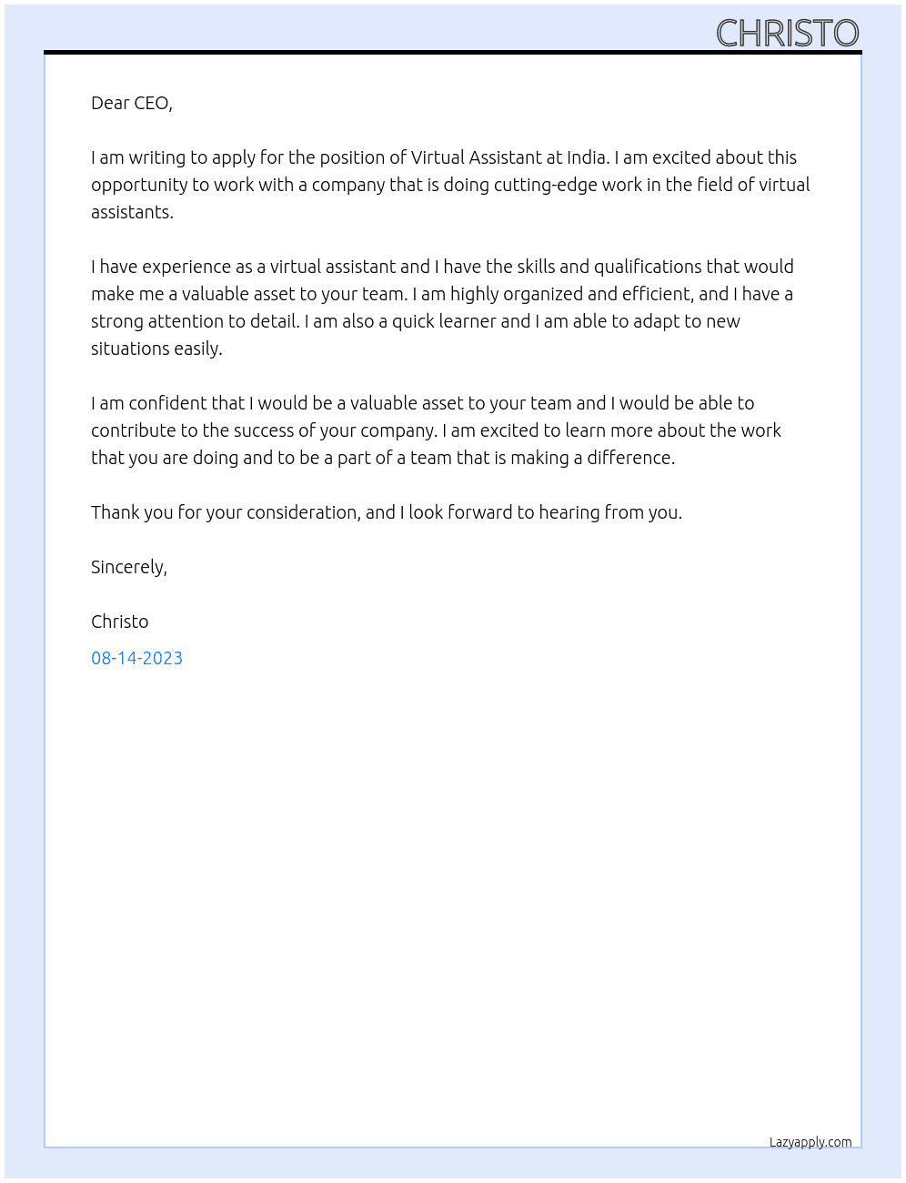 virtual assistant At india Cover Letter