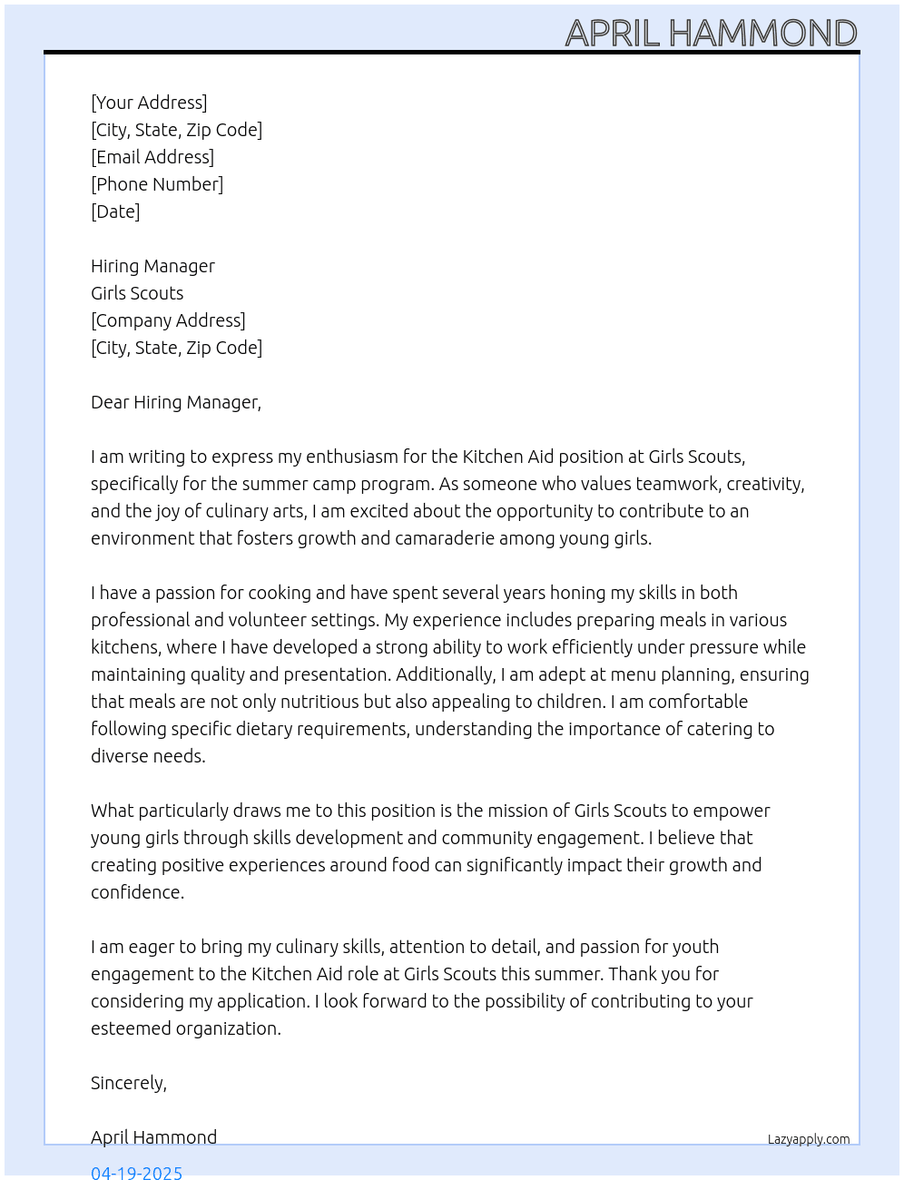Kitchen aid  At Girls scouts  Cover Letter