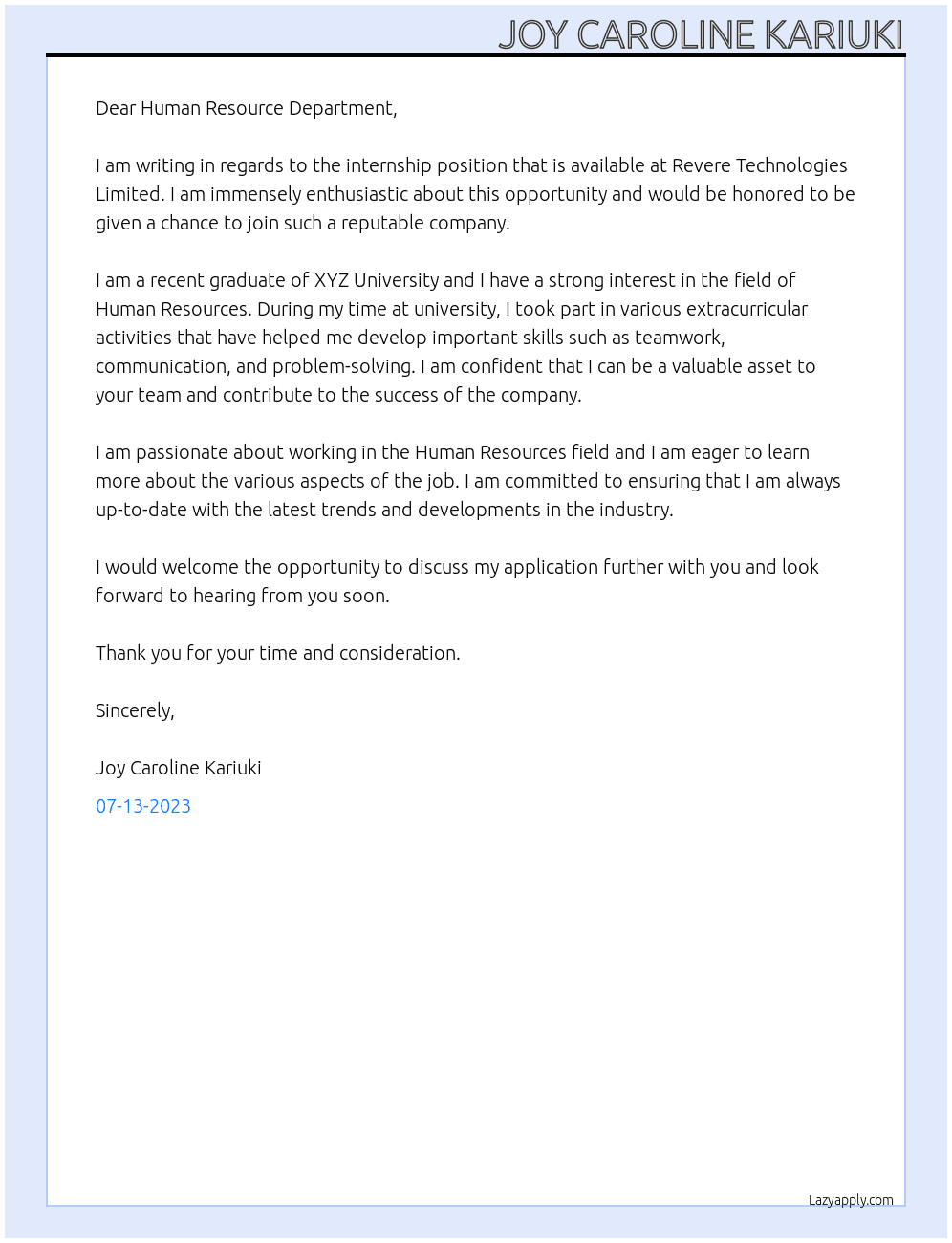 Internship At Revere Technologies Limited Cover Letter