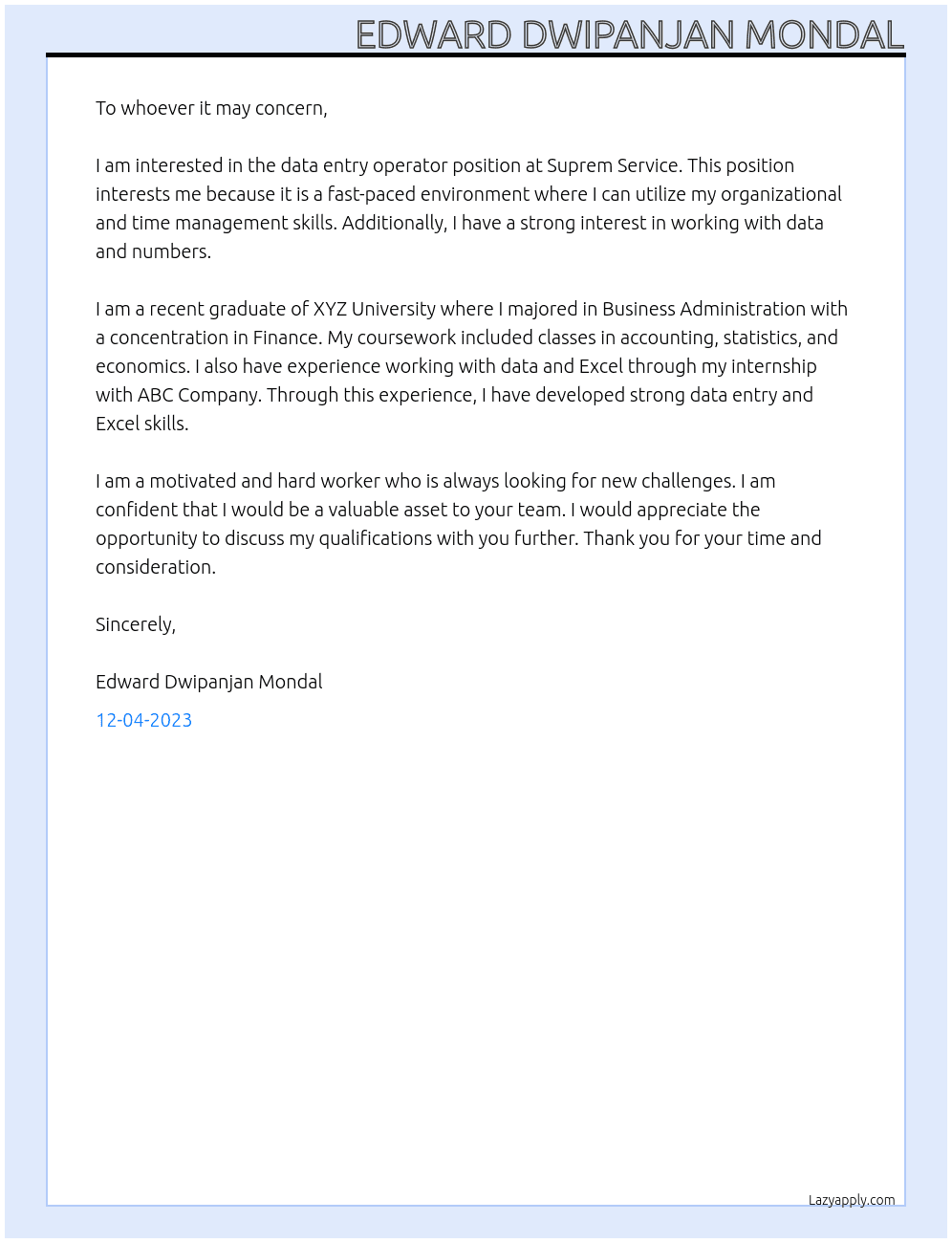 data entry operator At Suprem Service Cover Letter