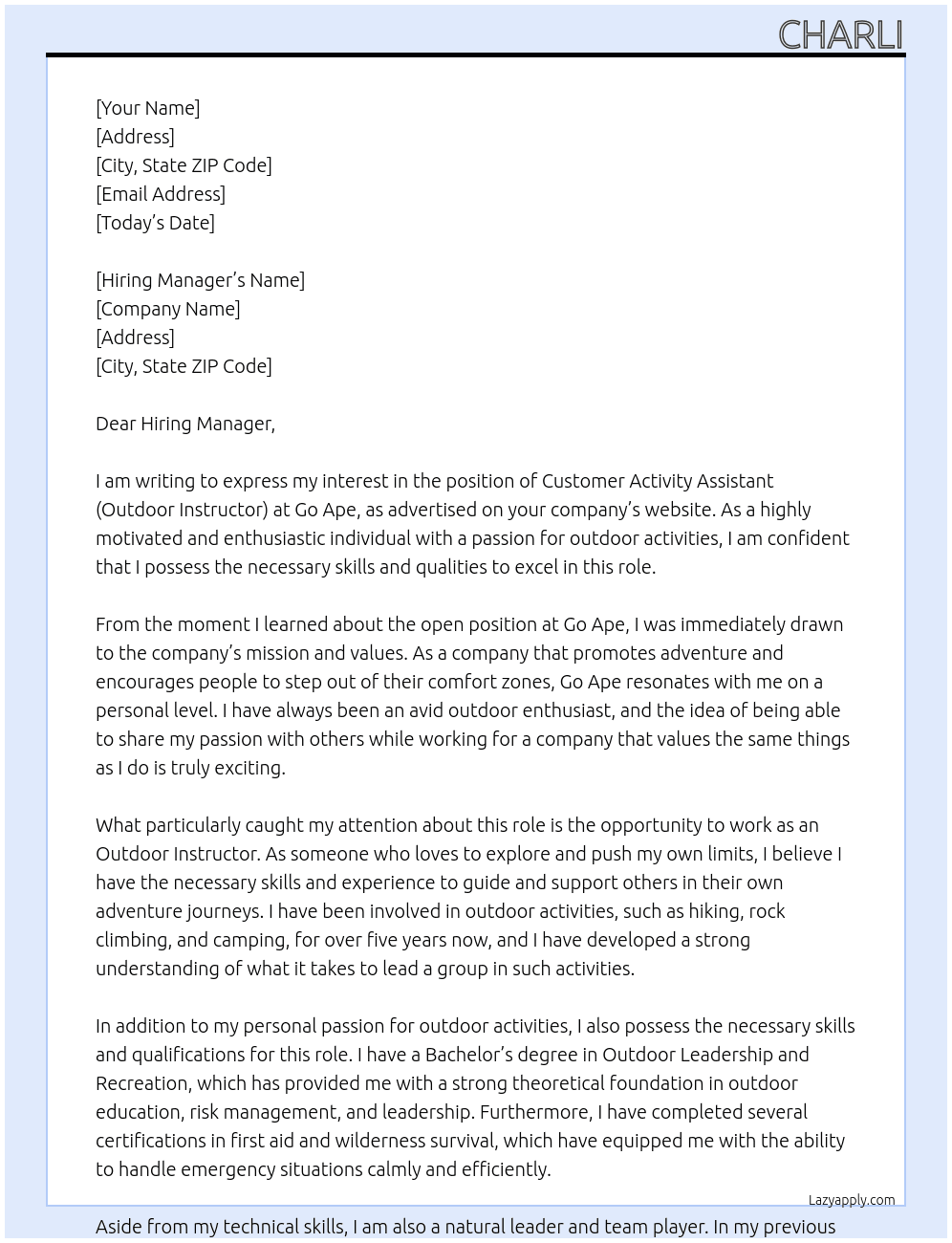 Customer Activity Assistant (Outdoor Instructor) At Go Ape Cover Letter