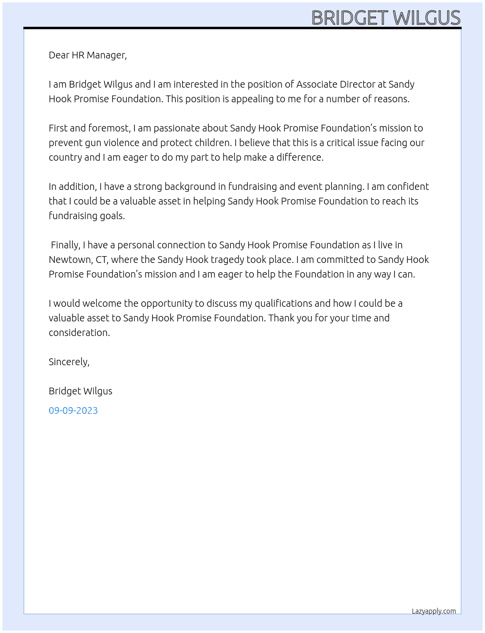 Associate Director At Sandy Hook Promise Foundation  Cover Letter