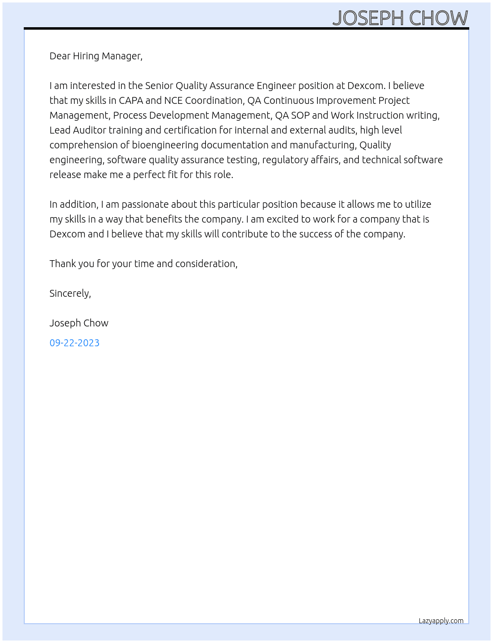 Senior Quality Assurance Engineer At Dexcom Cover Letter