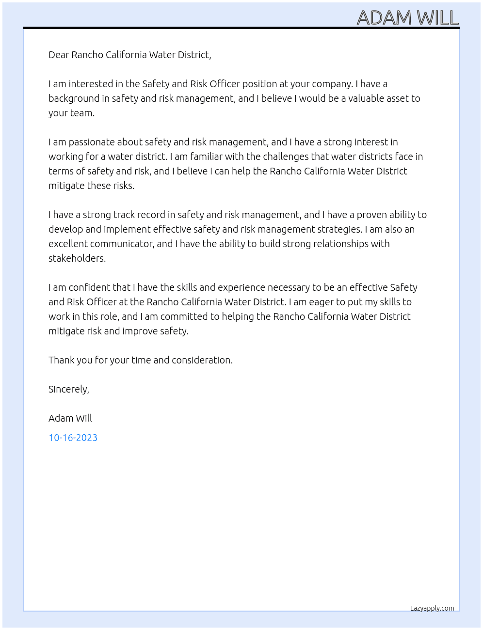 Safety and Risk Officer At Rancho California Water District Cover Letter