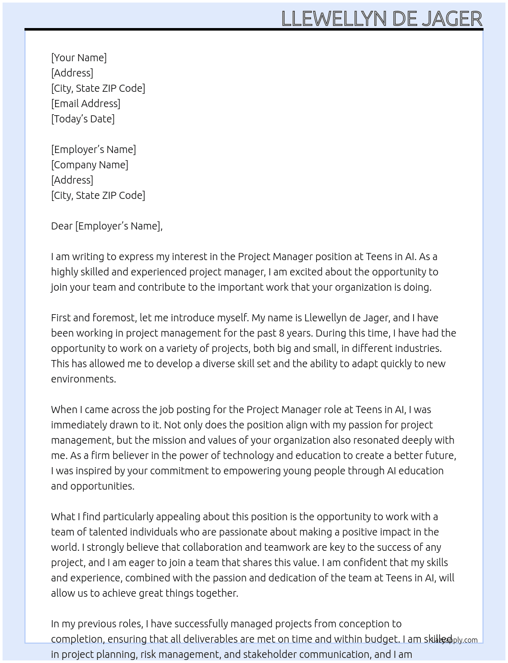 project manager At Teens in AI Cover Letter