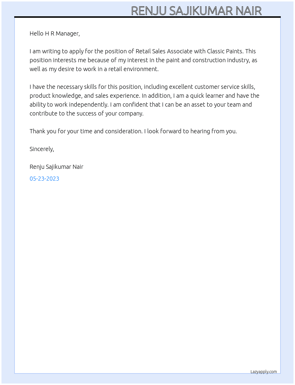 Retail Sales Associate At Classic Paints Cover Letter