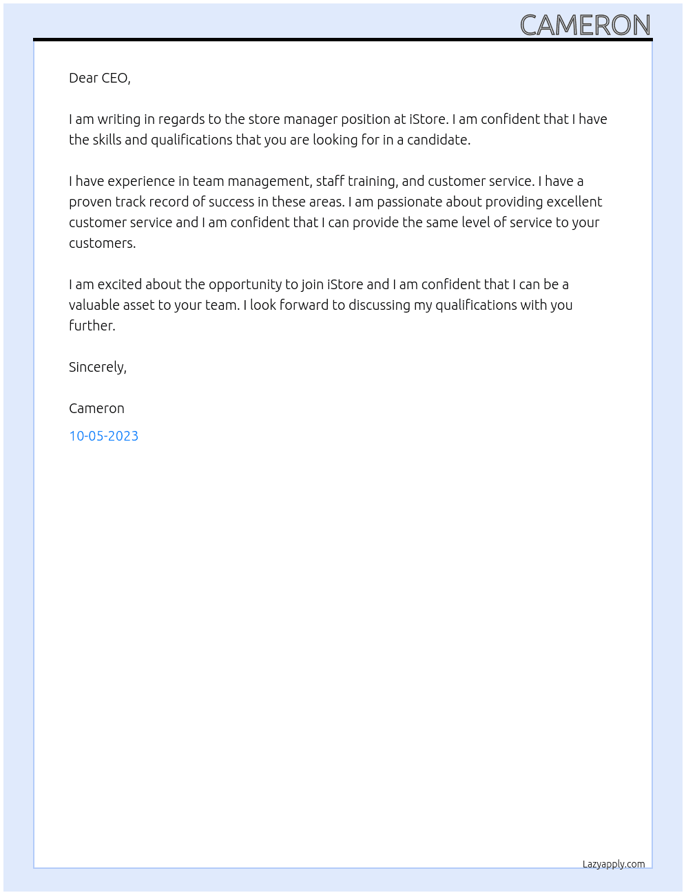 Store Manager At iStore Cover Letter