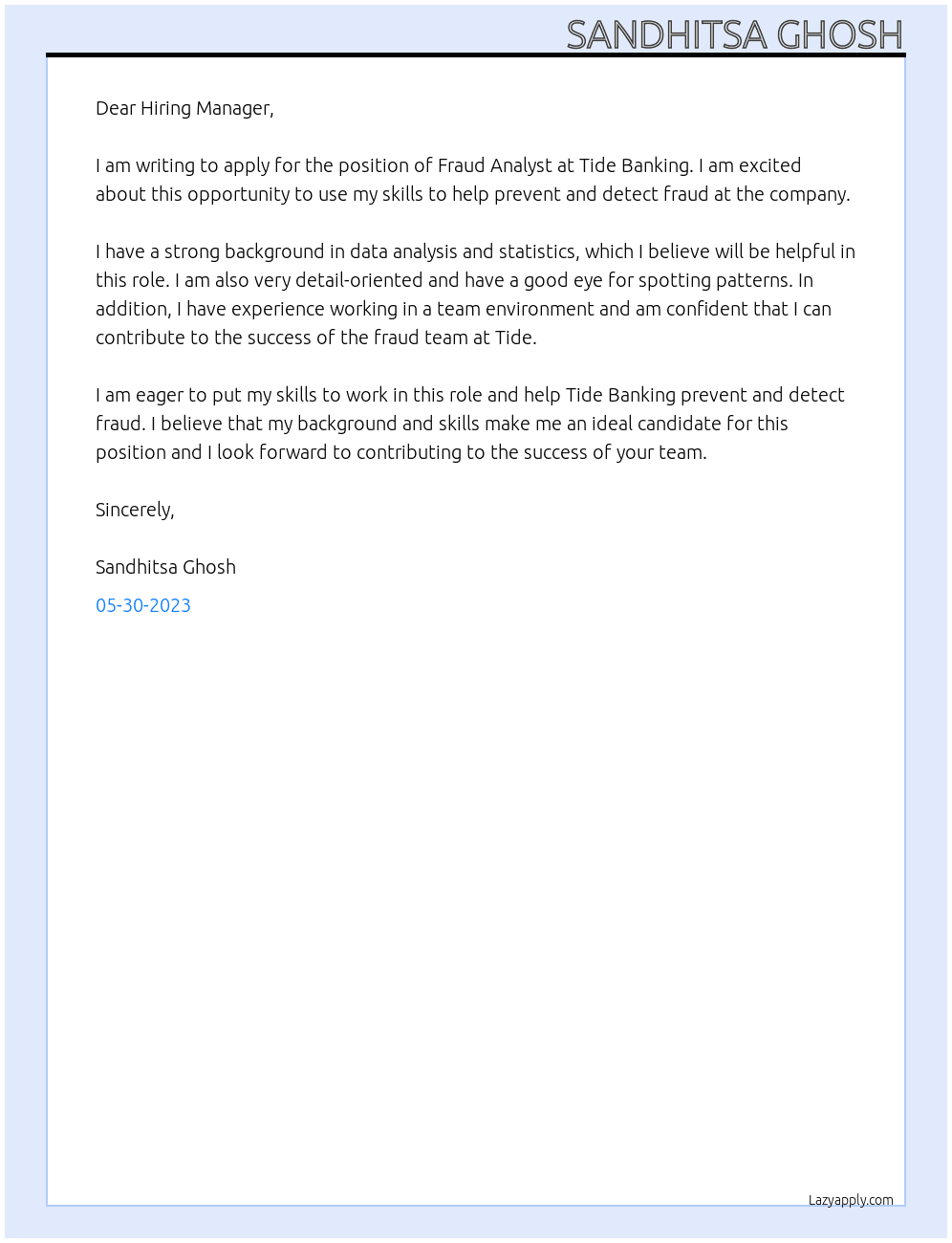 Fraud Analyst At Tide Banking Cover Letter